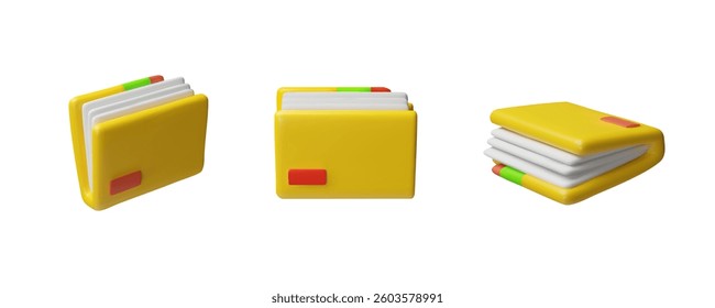 3D vector set of yellow folder icons with pieces of paper, from different sides. Office organization and document storage. Stationery. Cartoon style. Rendering. Isolated background. Illustration.