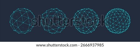 3D vector shapes set. Abstract polyhedron forms in geometry style. Geometric elements with lines and dots wireframe, spheres, polygon structures. Mesh graphic design for tech, math, science concepts