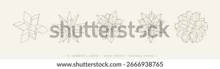 3D vector shapes set. Abstract polyhedron forms in geometry style. Geometric elements includes wireframe lines, crystal, cubes, polygon structures. Mesh graphic design for tech, math, science concepts