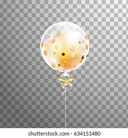 3d  vector  Shine holiday white transparent balloon confetti with gold balloon inside isolated.  Party decorations for birthday, anniversary,  invitation, celebration, wedding, event design. 