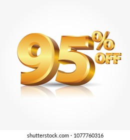 3d vector shiny gold text 95 percent off isolated on white background with reflection