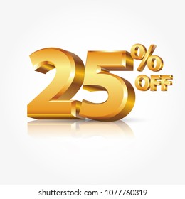 3d vector shiny gold text 25 percent off isolated on white background with reflection