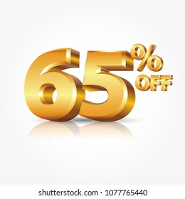 3d vector shiny gold text 65 percent off isolated on white background with reflection