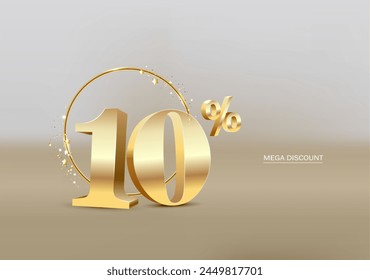3d vector shiny gold text 10 percent off isolated on white background with reflection