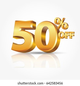 3d vector shiny gold text 50 percent off isolated on white background with reflection