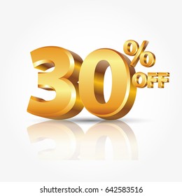 3d vector shiny gold text 30 percent off isolated on white background with reflection