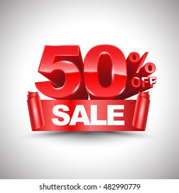 3d vector shiny red discount 50 percent off and sale on red ribbon. Vector illustration for promotion discount sale advertising.