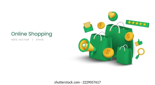 3d vector shopping bag with online shopping illustration concept