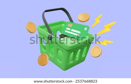 3D vector Shopping basket buy sale product via credit or debit card coins pay money flash thunder bolt promotion concept. online shop marketing discount. Eps 10 vector. 3d illustration elements.