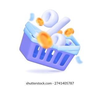3D vector shopping basket with percentage sign and golden coins. Concept of online sale, cashback rewards, and retail discount offer.