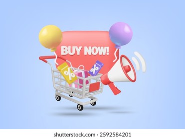 3D vector shopping cart with discount coupons, gift box, balloons, megaphone, and "BUY NOW!" speech bubble on a blue background, representing online shopping, e-commerce promotions,and sales campaigns