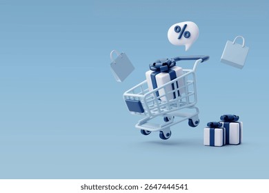 3d Vector Einkaufswagen, Discount Blase, Papiertüte und Geschenke, Einkaufszeitkonzept. EPS 10 Vektor.