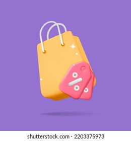 3d vector shopping paper gift bag with discount tag. Great for online store promotion and digital marketing, advertisement and sale offer design illustration. Special offer with percent sign. 