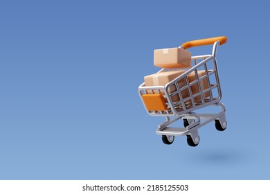 3d Vector Shopping Trolley with Parcel boxes, Shopping Online Concept. Eps 10 Vector.