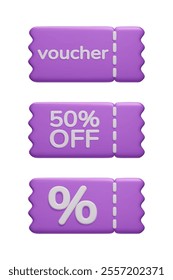 3D vector shopping vouchers set isolated on white. Purple special offer ticket, 50% off discount coupon, percent sign promo certificate 3D render. Promotion offer, online sale shopping design elements