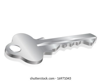 3D vector silver key with reflection. Vector illustration.