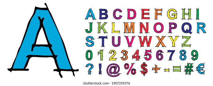 3D vector sketch colorful font set or collection isolated on white background. A childish handwritten alphabet and symbol group for education or school text graphic design as scribble style fun art