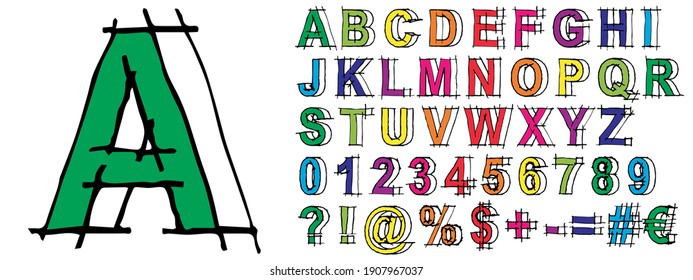 3D vector sketch colorful font set or collection isolated on white background. A childish handwritten alphabet and symbol group for education or school text graphic design as scribble style fun art