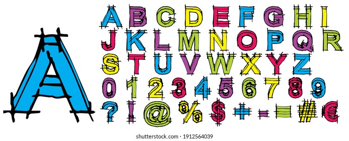 3D vector sketch colorful font set or collection isolated on white background. A childish handwritten alphabet and symbol group for education or school text graphic design as scribble style fun art