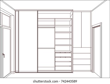 3D vector sketch. Empty wardrobe with sliding doors in the interior. Wardrobe sketch. Project management. Lines, projection, construction, appliances, decorations.
