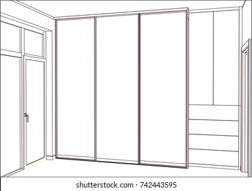 3D vector sketch. Empty wardrobe with sliding doors in the interior. Wardrobe sketch.