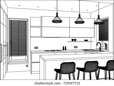 3D vector sketch. Modern kitchen design in home interior. Kitchen sketch.There is also a kitchen peninsula in the room. Kitchen and living room combined. Pendant lights. Project management.