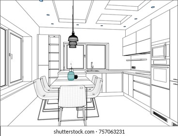 3D vector sketch. Modern kitchen design in home interior. Kitchen sketch with decorations and appliances. Pendant light. Kitchen island in the room. Lines, projection, construction, shop.