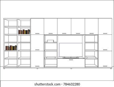 3D vector sketch. Modern living room interior. Modern creative TV furniture isolated. TV stand and entertainment center with appliances and decors. Books. Home Interior Design Software Programs.