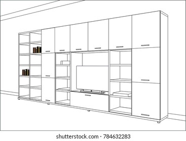 3D vector sketch. Modern living room interior. Modern creative TV furniture. TV stand and entertainment center with appliances and decors. Home Interior Design Software Programs. Project management.