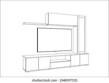 3D vector sketch. TV stand and entertainment center with appliances and decors. Modern living room interior. Modern creative TV furniture. Home Interior Design Software Programs.Project management.