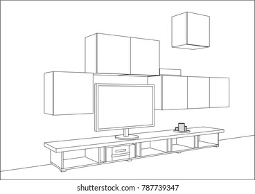 3D vector sketch. TV stand and entertainment center with appliances and decors. Modern living room interior. Modern creative TV furniture. Home Interior Design Software Programs. Project management.