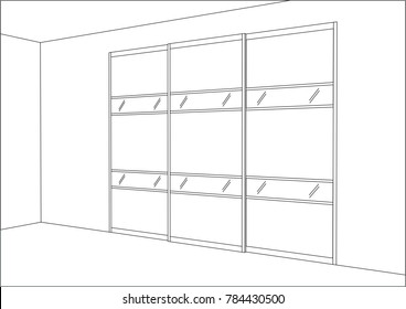 3D Vector Sketch. Wardrobe With Sliding Doors In The Interior. Big Modern Wardrobe With Folded And Hanging Clothes.