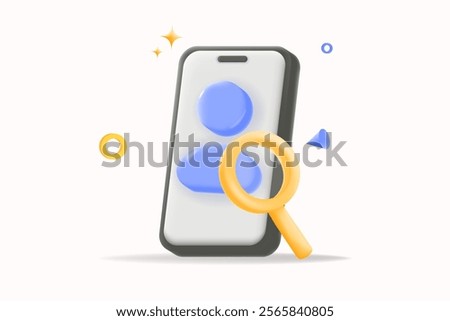 3D vector, smart phone with magnifying glass and blue user icon profile, user search, profile browsing or mobile app function. technology promotion, apps and search