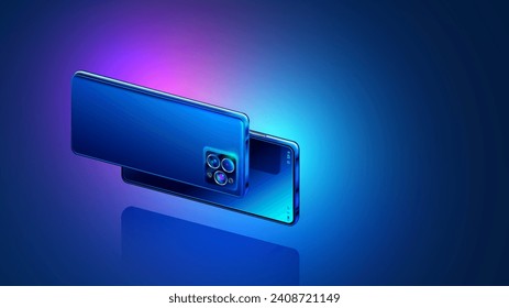 3d vector smartphone with the camera turned forward levitates on a pink blue background. Two phones, turned sideways, hang in the air above the table. Modern Electronic devices in isometry. Cellphone.