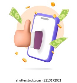 3d vector smartphone with floating dollars and gold coin and hand with thumb up gesture from the screen. Cartoon render online digital marketing, promo time, website template, feedback, rating concept