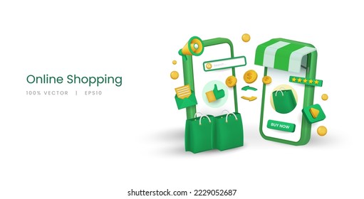 Ilustración vectorial del proceso de transacción de compra en línea por parte de un smartphone 3d.