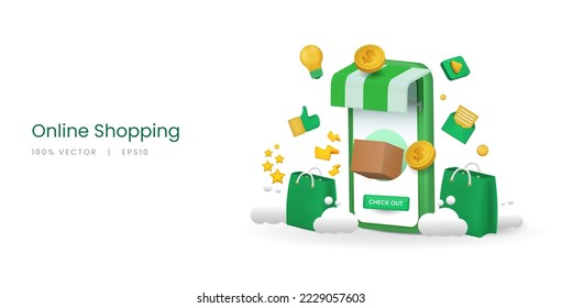 3d vector smartphone with illustration of online shopping application and social media.