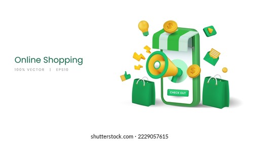 3.d smartphone vectorial con ilustración de aplicación de compras en línea y medios sociales.