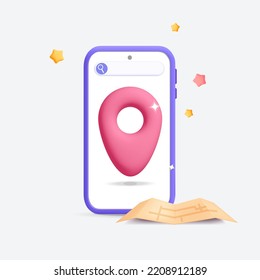 smartphone vectorial 3d con ubicación de pin y servicio de aplicación de navegación de mapas en afiche de teléfono móvil. Entrega rápida de dibujos animados, puntero gps, orden, seguimiento, envío, aventura, viaje, símbolo de viaje.