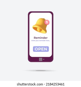 3d vector smartphone with reminder symbol design. Yellow bell with red new message notification icon. Alert message, time and task management, danger, error, new unread email, education, calendar.