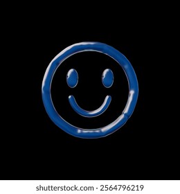 3D vector smiley face, inflatable figure with blue reflective surface. Y2K. Abstract shape. Retro-futuristic aesthetics. Isolated black background. Decoration.