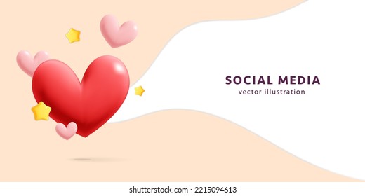 3d red de medios sociales vectoriales con formas de corazón rosado y rojo y diseño de fondo de estrellas. Afiche de amor, como emoticono, emoticono, emoji, feliz San Valentín, concepto de boda. 