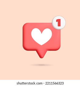 3d vector social media push notification like bubble chat icon design. Realistic render new like, follower message box notify with heart shape symbol. 