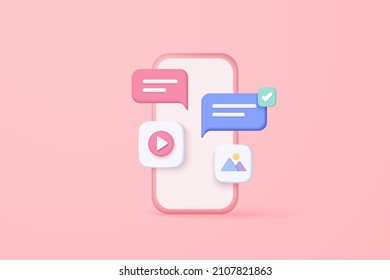 3D vector social media with video and photo gallery platform, 3d online social communication applications concept, media, social search icons, chat with smartphone background. Image 3d render vector