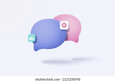 3D vector social media with video and photo in bubbles platform, online social for text replacement in speech concept, emoji, chat speech, chatting message with write background 3d render vector