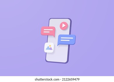 3D vector social media with video and photo in bubbles platform, online social for text in speech bubbles concept, 3d emoji, chat speech, chatting message with purple background 3d render vector