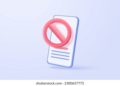 3D vector social media with video and photo gallery on mobile phone with stop icon. no entry, problem, fail warning on application, alert for todo checklist. 3d phone icon vector render illustration