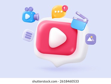 Vetor de mídia social 3D com vídeo e foto em bolhas plataforma, social online para substituição de texto no conceito de fala, emoji, fala de bate-papo, mensagem de bate-papo com escrever fundo 3d render vetor