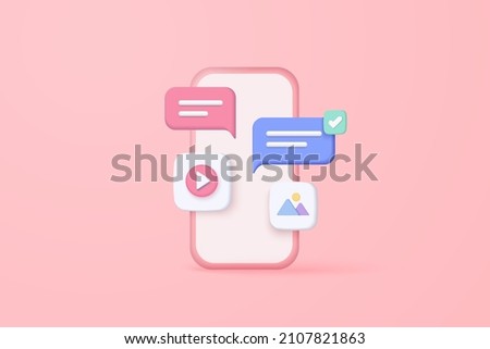 3D vector social media with video and photo gallery platform, 3d online social communication applications concept, media, social search icons, chat with smartphone background. Image 3d render vector