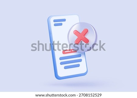 3D vector social media with video and photo gallery on mobile phone with stop icon. no entry, problem, fail warning on application, alert for todo checklist. 3d article icon vector render illustration